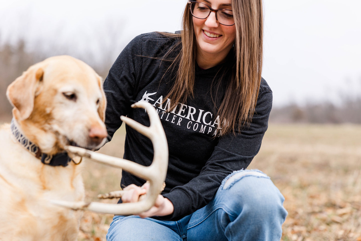 American Antler logo Long Sleeve hooded tee